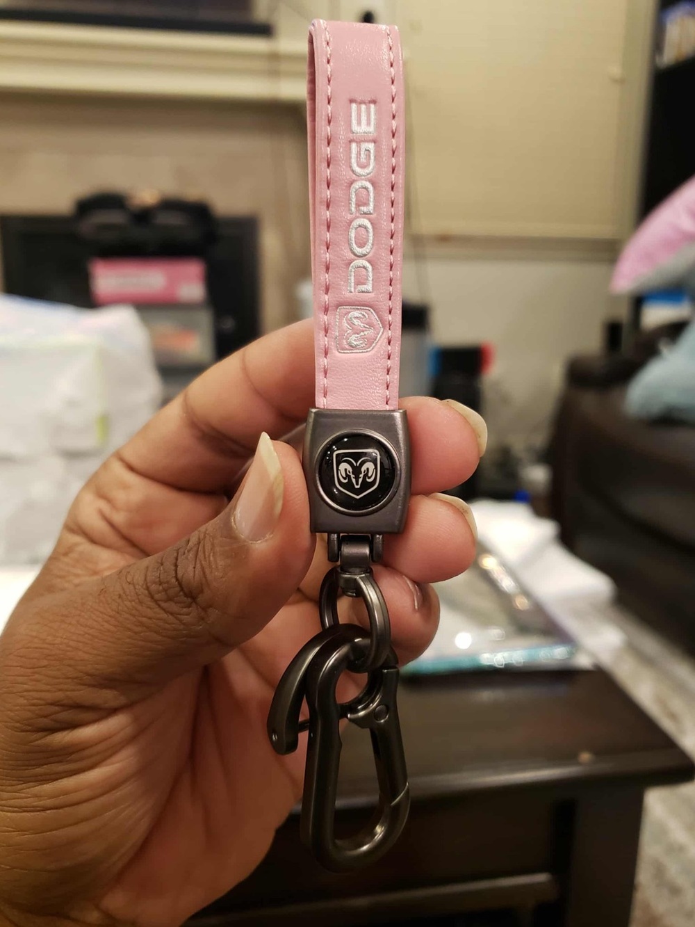 DODGE Light Pink & Silver Leather Dark Gray Keychain